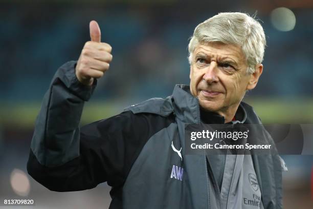 Arsenal manager Arsene Wenger walks onto the field prior to the match between Sydney FC and Arsenal FC at ANZ Stadium on July 13, 2017 in Sydney,...