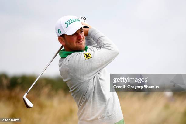 Bernd Wiesberger of Austria tees off on the 17th hole during day one of the AAM Scottish Open at Dundonald Links Golf Course on July 13, 2017 in...