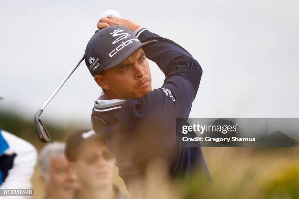 Rickie Fowler of the United States tees off on the 17th hole during day one of the AAM Scottish Open at Dundonald Links Golf Course on July 13, 2017...