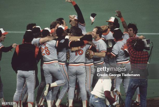Baseball: World Series, Baltimore Orioles victorious in huddle after winning Game 5 and series vs Philadelphia Phillies, Philadelphia, PA