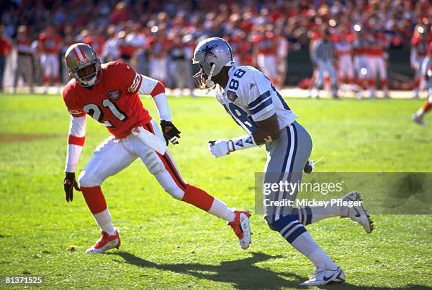 Football: Dallas Cowboys Michael Irvin in action, playing defense vs San Francisco 49ers Deion Sanders , San Francisco, CA