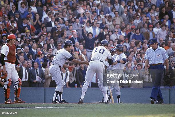 Baseball: AL Tie Breaker, New York Yankees Bucky Dent victorious with teammates after hitting home run and winning game vs Boston Red Sox, Boston, MA...