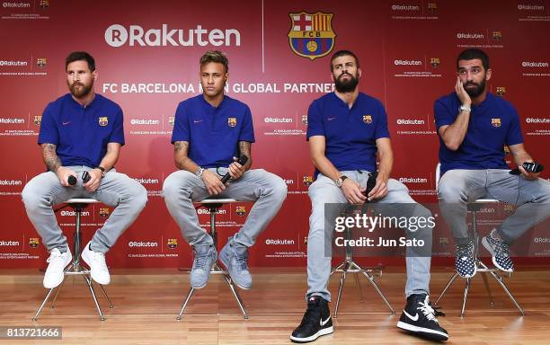 Lionel Messi, Neymar Jr, Gerard Pique and Arda Turan attend the press conference for Rakuten - FC Barcelona Global Partnership Launch on July 13,...