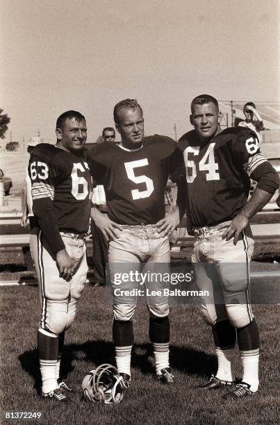 Football: Portrait of Green Bay Packers Fred Thurston, Paul Houring, and Jerry Kramer, Green Bay, WI 7/28/1964