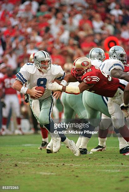 Football: Dallas Cowboys QB Troy Aikman in action, under pressure vs San Francisco 49ers, San Francisco, CA
