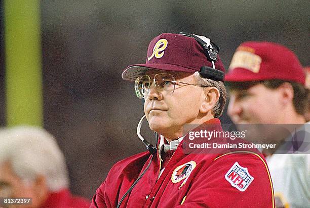 Football: NFC playoffs, Closeup of Washington Redskins coach Joe Gibbs during game vs Minnesota Vikings, Minneapolis, MN 1/2/1993