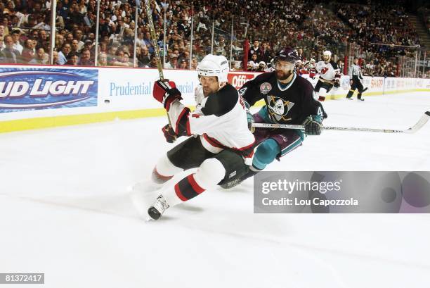 Hockey: Stanley Cup finals, New Jersey Devils Scott Stevens in action vs Anaheim Mighty Ducks Rob Niedermayer , East Rutherford, NJ 5/27/2003