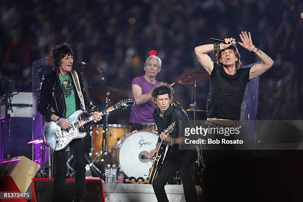 Football: Super Bowl XL, The Rolling Stones celebrity performers Mick Jagger, Keith Richards, Charlie Watts and Ronnie Wood during halftime show of...