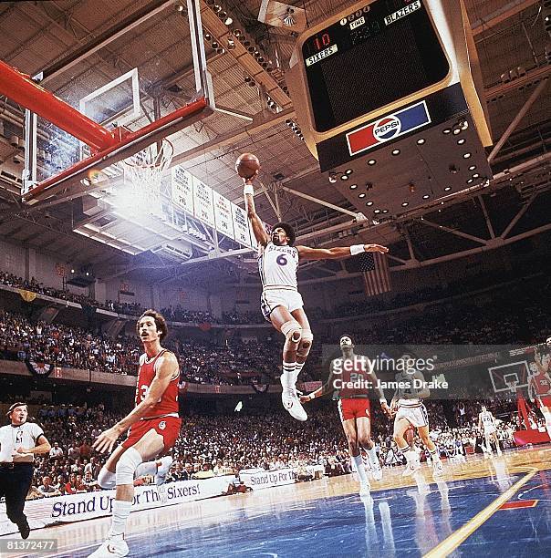 Basketball: NBA Finals, Philadelphia 76ers Julius Dr, J Erving in action, making dunk vs Portland Trail Blazers, Game 2, Philadelphia, PA 5/26/1977