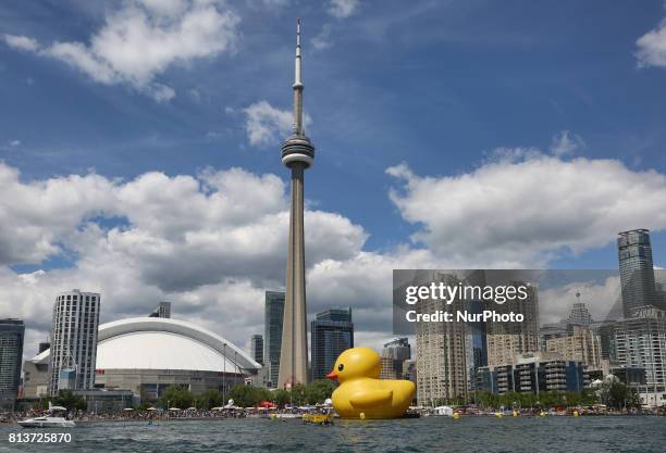 The worlds largest rubber duck pictured along the skyline of Toronto, Ontario, Canada, on July 03, 2017. The giant rubber duck visited the city of...