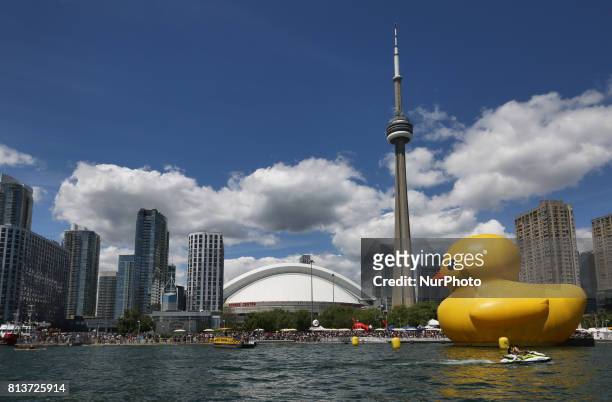The worlds largest rubber duck pictured along the skyline of Toronto, Ontario, Canada, on July 03, 2017. The giant rubber duck visited the city of...