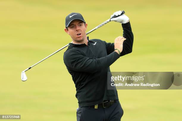 Rory McIlroy of Northern Ireland hits his second shot on the 18th hole during day one of the AAM Scottish Open at Dundonald Links Golf Course on July...