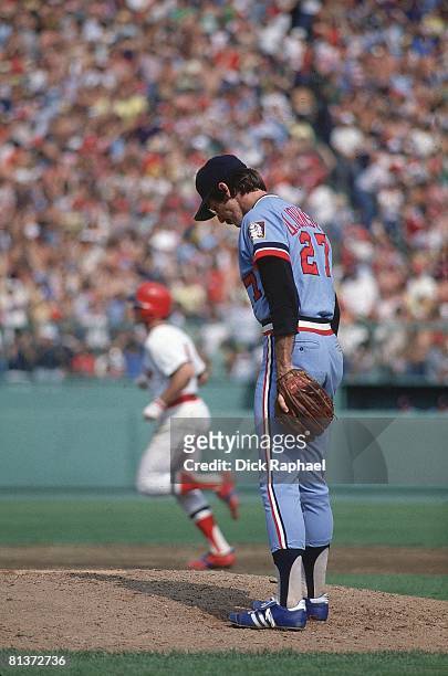 Baseball: Minnesota Twins Dave Johnson upset on mound after yielding home run vs Boston Red Sox, Boston, MA 8/28/1977