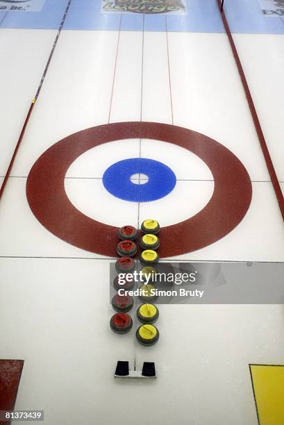 Curling: North Dakota Championship, Aerial view of curling stone, equipment during tournament, Grafton, ND 1/16/2003