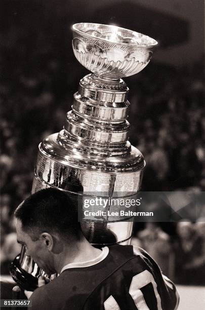 Hockey: Stanley Cup Finals, Closeup of Toronto Maple Leafs victorious with trophy after game vs Detroit Red Wings, 4/25/1964