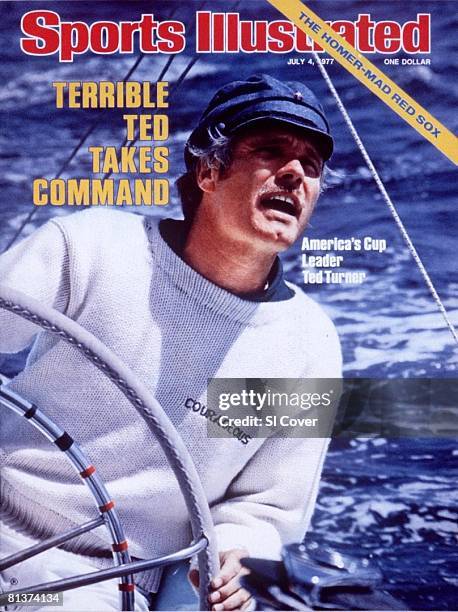 July 4, 1977 Sports Illustrated via Getty Images Cover, Sailing: America's Cup, Closeup of skipper Ted Turner in action aboard Courageous during...