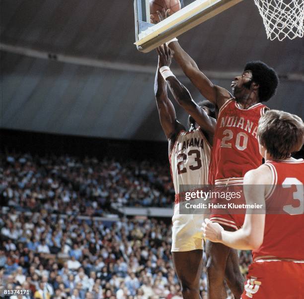 Coll, Basketball: NCAA playoffs, Indiana's Bobby Wilkerson in action, making block vs Alabama's T,R, Dunn , Baton Rouge, LA 3/18/1976