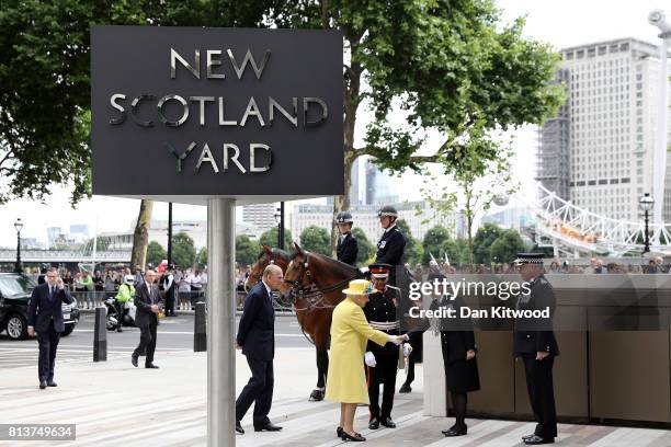 Queen Elizabeth II and Prince Philip, Duke of Edinburgh are welcomed to New Scotland Yard by Metropolitan Police commissioner Cressida Dick and...
