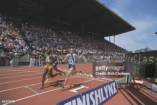 Track: Prefontaine Classic, Alan Webb in action, placing fifth and breaking HS mile record with 3:53:43 time, View of fans at stadium, Eugene, OR...