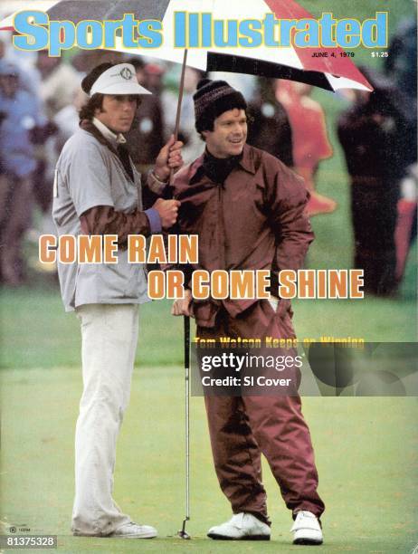 June 4, 1979 Sports Illustrated via Getty Images Cover, Golf: The Memorial, Tom Watson and caddie Bruce Edwards with umbrella during rain, weather on...