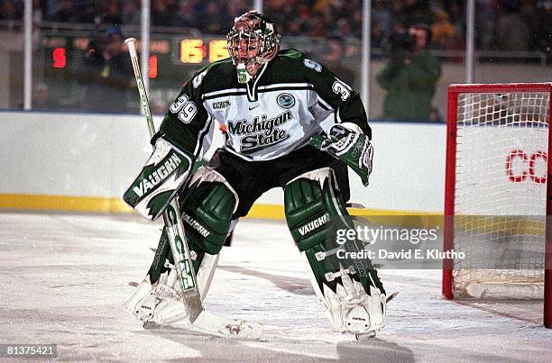 College Hockey: Michigan State goalie Ryan Miller in action vs Michigan, East Lansing, MI 10/6/2001