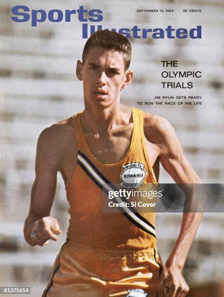 September 14, 1964 Sports Illustrated via Getty Images Cover, High School Track & Field: Closeup of Wichita East High Jim Ryun in action, preparing...