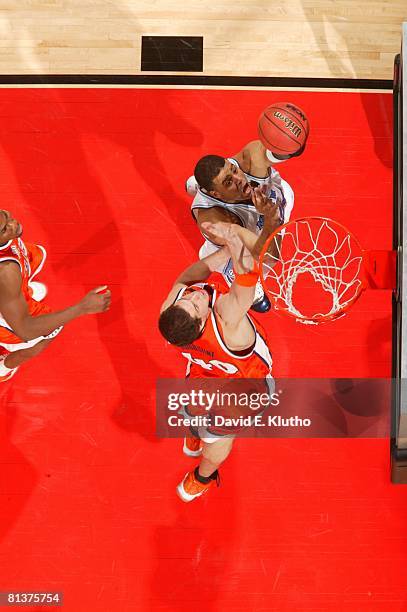 College Basketball: NCAA finals, Aerial view of North Carolina Sean May in action, taking shot vs Illinois James Augustine , St, Louis, MO 4/4/2005