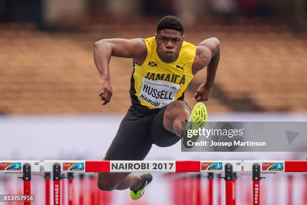 De Jour Russell of Jamaica competes in the boys 110m hurdles qualification during day 2 of the IAAF U18 World Championships at Moi International...