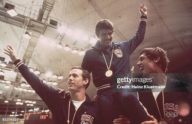 Swimming: 1972 Summer Olympics, USA Mark Spitz victorious getting carried off field by teammates after winning gold medal in relay event, Munich, FRG...