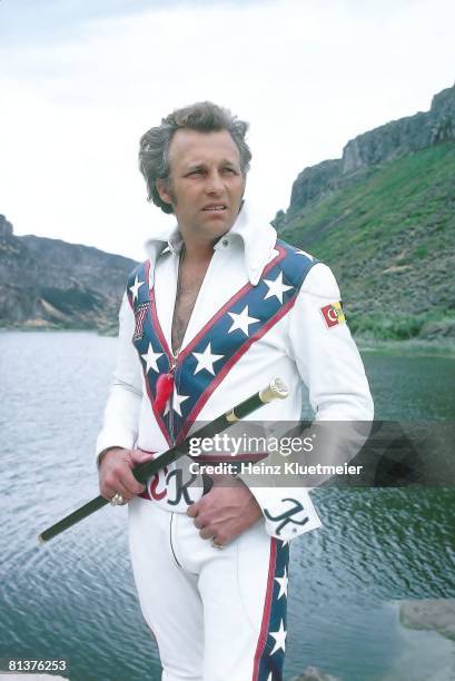 Motorcycling: Portrait of daredevil Evel Knievel preparing for Snake River jump, Cover, Snake River Canyon, ID 8/20/1974