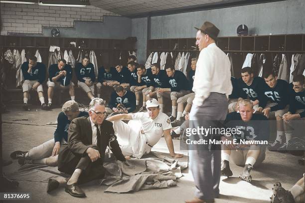 College Football: Cotton Bowl, TCU coach Othal Abe Martin with team in locker room before game vs Syracuse, Dallas, TX 1/1/1957
