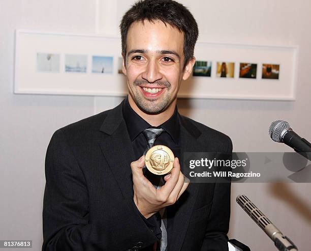 Actor/composer/writer Lin-Manuel Miranda accepts a gold medal award at the National Arts Club on June 2, 2008 in New York City.