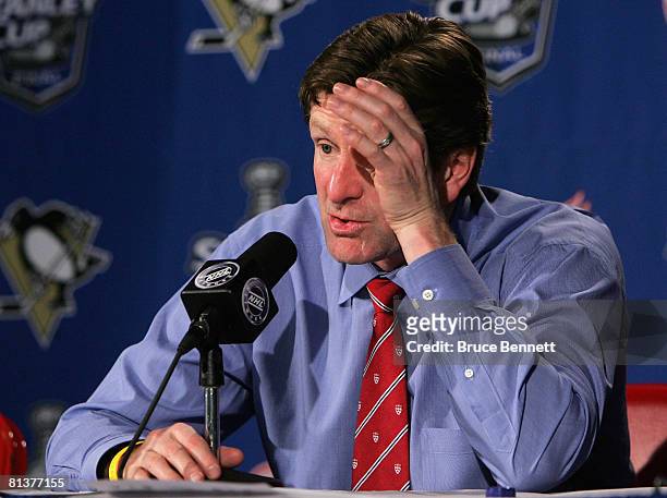 Head coach Mike Babcock of the Detroit Red Wings speaks during a press conference after being defeated by the Pittsburgh Penguins in game five of the...
