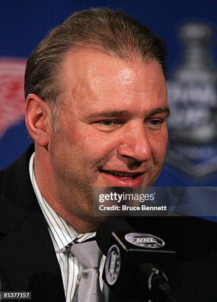 Head coach Michel Therrien of the Pittsburgh Penguins speaks during a press conference after defeating the Detroit Red Wings in game five of the 2008...