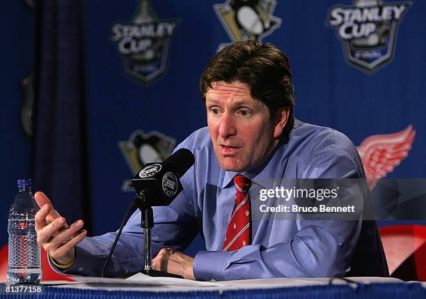 Head coach Mike Babcock of the Detroit Red Wings speaks during a press conference after being defeated by the Pittsburgh Penguins in game five of the...