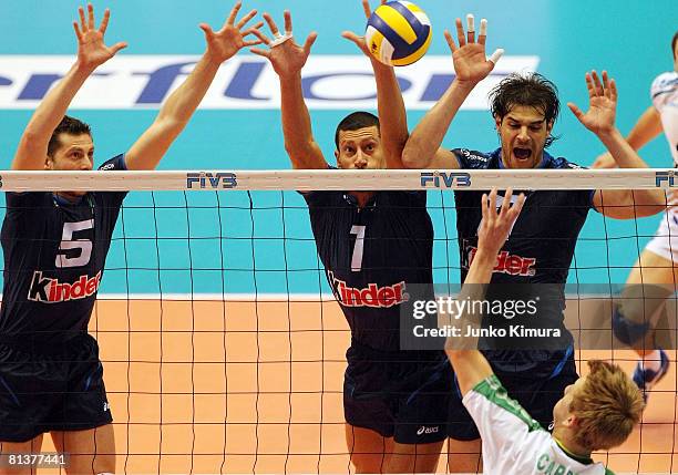 Luigi Mastrangelo of Italy blocks against Australia during the FIVB Men's World Olympic Qualification Tournament match between Australia and Italy at...