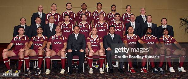 The Maroons pose for a team photo after the announcement of the Queensland Maroons State of Origin team to play New South Wales for game two of the...