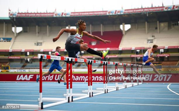 Leo Neugebauer of Germany in action during the 100m hurdles in the boys decathlon on day two of the IAAF U18 World Championships at the Kasarani...