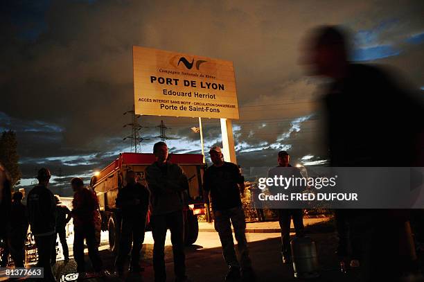 French farmers set a blockade at the entrance of the Edouard Heriot port, France's biggest fluvial harbor, on June 2, 2008 in Lyon, central France,...