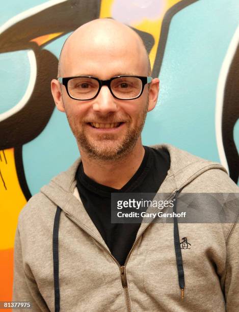 Recording artist Moby poses for pictures after visiting fuse's "The Sauce" at fuse studios on April 9, 2008 in New York City.