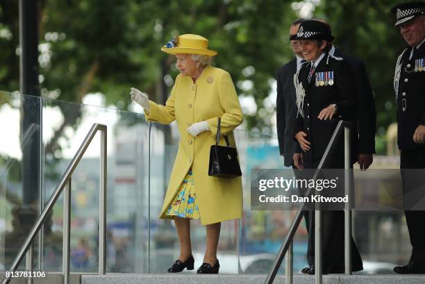 Queen Elizabeth II leaves New Scotland Yard with Metropolitan Police commissioner Cressida Dick on July 13, 2017 in London, England. The visit marked...