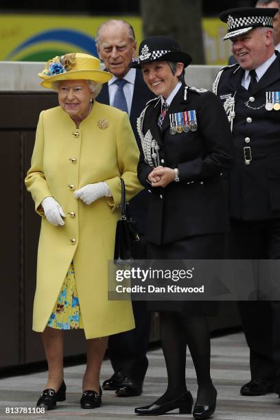 Queen Elizabeth II and Prince Philip, Duke of Edinburgh leave New Scotland Yard with Metropolitan Police commissioner Cressida Dick and Metropolitan...