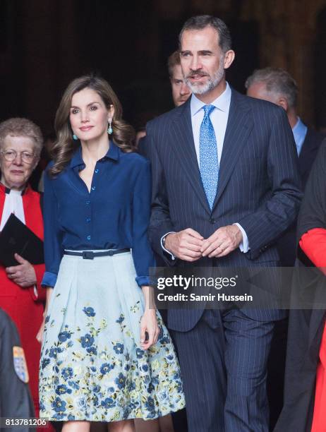 Queen Letizia of Spain and King Felipe VI of Spain depart Westminster Abbey during a State visit by the King and Queen of Spain on July 13, 2017 in...