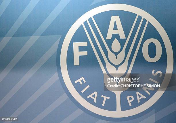 The Logo of the Food and Agriculture Organization is seen at a conference room during a summit of the FAO in its headquarters on June 3, 2008 in...