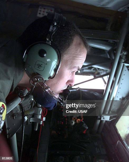 Stratotanker boom operator, Technical Sgt. Todd Cook prepares to refuel six F-15C Eagles from the 3rd Wing, Elmendorf AFB, Alaska, on April 14, 1999....