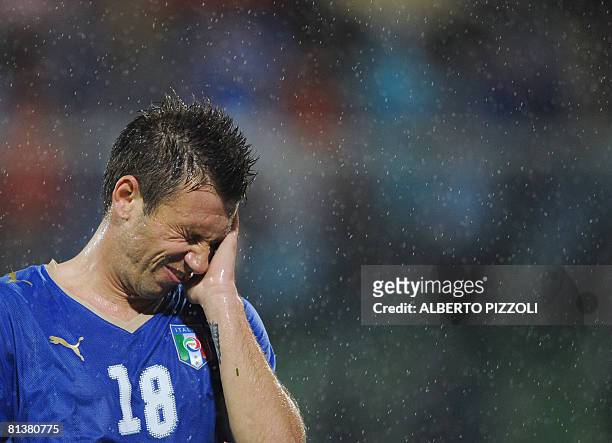 Italy's strikers Antonio Cassano wipes his face during an Italy vs Belgium friendly football match at Artemio Franchi stadium in Florence on May 30...