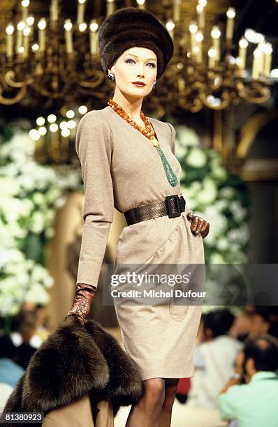 Carla Bruni Sarkozy walks on the catwalks at YSL High Fashion Show Fall/Winter 1996-97 during the fashion week 1996 in Paris, France.