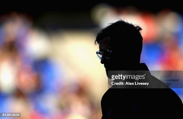 Jurgen Klopp the manager of Liverpool looks on prior to a pre-season friendly match between Tranmere Rovers and Liverpool at Prenton Park on July 12,...