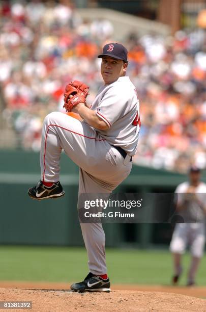 Bartolo Colon of the Boston Red Sox pitches against the Baltimore Orioles on June 1, 2008 at Camden Yards in Baltimore, Maryland.