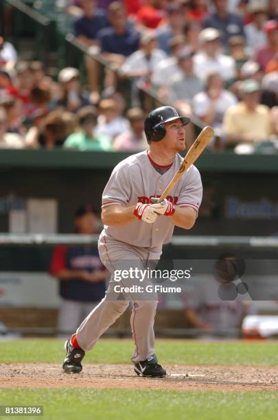 Drew of the Boston Red Sox hits a home run against the Baltimore Orioles on June 1, 2008 at Camden Yards in Baltimore, Maryland.